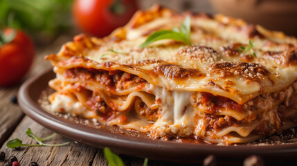 Delicious Lasagna on Rustic Wooden Table