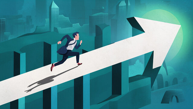 illustration of  businessman running on a concrete arrow  concept of money rat race, capitalism