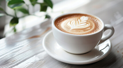 Cappuccino with Latte Art on Sunlit Wooden Table
