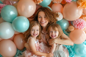 Obraz premium Happy mother with two young daughters surrounded by colorful balloons, sharing joyful moments and love together in a celebratory setting.