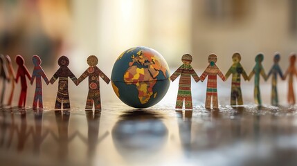 World Unity Through Diversity: Paper Cut-Out Figures Holding Hands Around Globe, World Gratitude Day Celebrations, Highlighting Cultural Harmony, Connection, and Global Peace