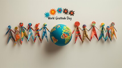Diverse Paper People Holding Hands Around Globe with 'World Gratitude Day' Text and Colorful Flowers, Celebrating Unity and Cultural Diversity, Suitable for Holiday and Global Awareness Designs