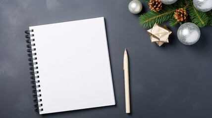 Top view notebook pencil small gifts xmas tree toys on grey surface top view flat lay, copy space, generative ai