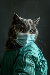 Obraz premium The cat wears surgical scrubs and surgical mask. 