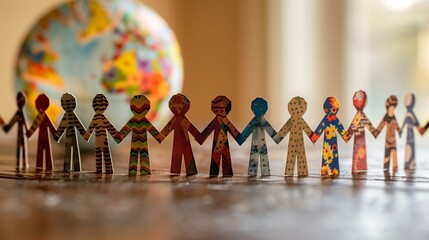 World Gratitude Day Celebrations. Colorful Paper Doll Chain Holding Hands in Front of World Map Globe, Symbolizing Global Unity, International Community, and Ethnic Diversity on a Wooden Table