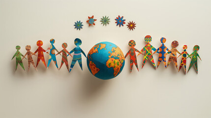 Colorful Paper Cutout Figures Holding Hands Around Globe, Symbolizing Global Unity and Diversity, Multicultural Arts and Crafts, International Cooperation, World Children's Day