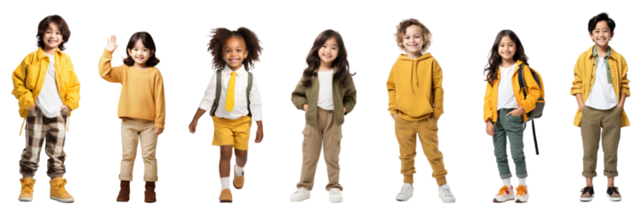 Child standing smiling, A happy student kid png cut out element set