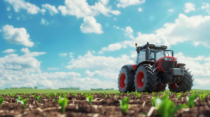 Fototapeta premium A red tractor working on a plowed agricultural field with green sprouts under a bright blue sky with fluffy white clouds.