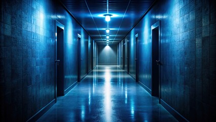 A dark hallway with a dim, shadowy atmosphere, casting a deep blue hue, eerie, unsettling, eerie, shadowy, dim, hallway, blue, atmosphere, creepy, spooky, mysterious, dark, abandoned, desolate
