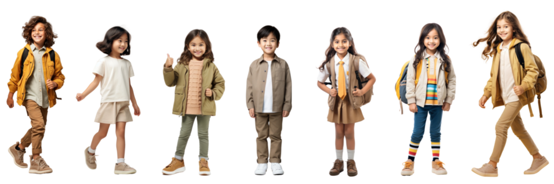 Child standing smiling, A happy student kid png cut out element set