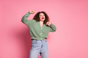Photo of cheerful lovely woman wear stylish khaki clothes have fun isolated on pink color background