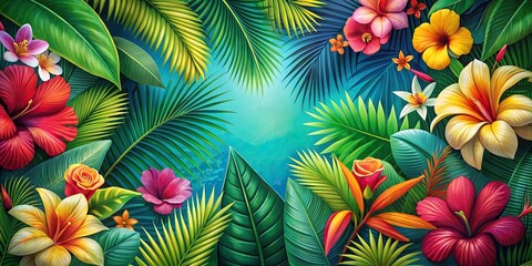 Vibrant tropical theme background with palm leaves and exotic flowers, tropical, background, palm leaves, exotic, flowers, jungle, vibrant, colorful, tropical paradise, foliage, lush, green