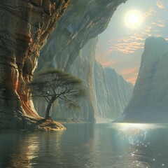Serene canyon landscape with a lone tree by tranquil waters under a glowing sun. Majestic cliffs...