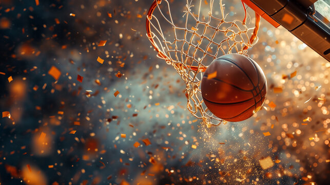 Dynamic shot of a basketball going through a hoop during a game, with dramatic lighting and confetti creating an exciting atmosphere.