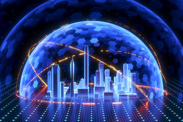 Futuristic city protected by digital dome. Concept of cyber security, smart home, internet security, data security, digital privacy, insurance and personal data protection. © Amgun