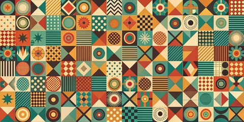 Abstract retro random geo shapes composition background with vintage groovy geometric pattern in a funk style, vintage, groovy, geometric, pattern, abstract, retro, random, composition