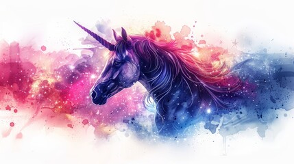 Obraz premium A majestic unicorn with a single horn, rendered in a vibrant watercolor style, against a background of colorful abstract swirls.