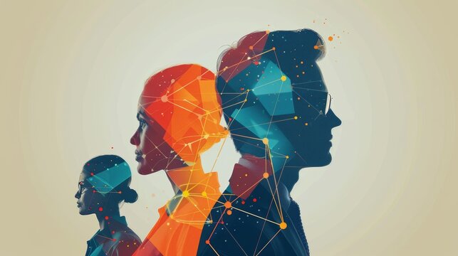 Silhouettes of three people with abstract geometric patterns, representing connection and collaboration.