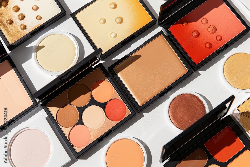 Poster a collection of contouring palettes and highlighters, with rich colors and elegant arrangement on a 