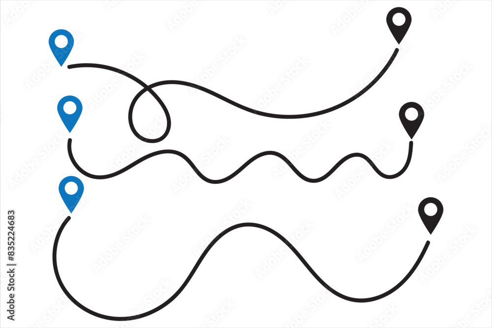 Poster route icon - two points with dotted path and location pin. route location icon two pin sign and dott