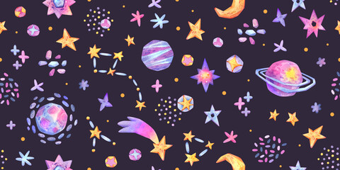 Space watercolor seamless pattern with stars and planets on a dark background. Hand-drawn children texture. Background for packing paper, decor, and textiles.