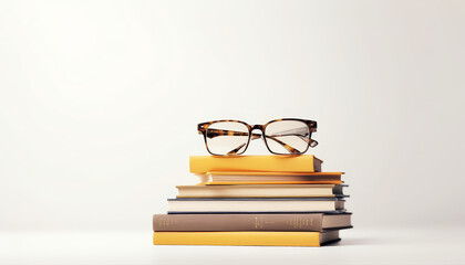 Stack of books on white background and glasses