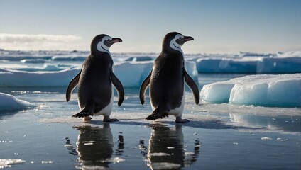 Pair of penguins standing on a snowy terrain studded with small ice pebbles