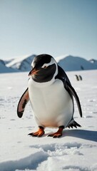 Penguin standing on a snowy terrain studded with small ice pebbles