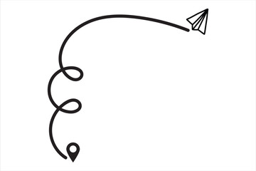 Paper plane with dotted line travel and route symbol in line style