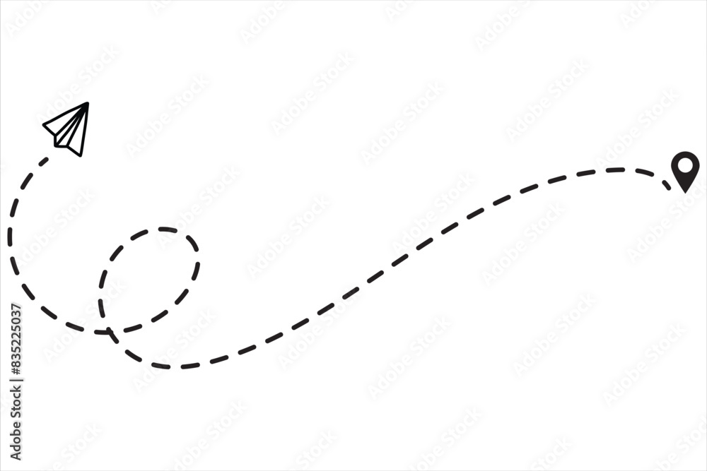 Poster paper plane with dotted line travel and route symbol in line style
