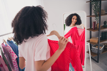 Photo of lovely pretty stunning girl wear stylish collection buy clothes apartment wardrobe indoors