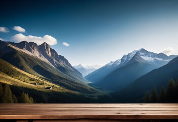 Rustic Wooden Table in Captivating Mountain Landscape Ideal for Product Display or Serene Contemplation