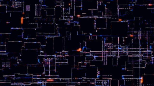 Abstract digital computer processors and electronic components on a circuit board process data. Technological basis of abstract motherboard. 4K animation of data transfer.