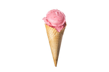 Strawberry pink ice cream waffle cone on white background isolated food photo