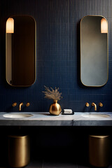 Modern luxury bathroom interior in navy blue and gold colors