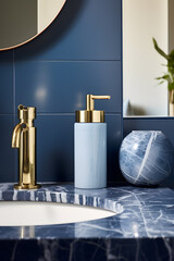 Modern luxury bathroom interior in navy blue and gold colors