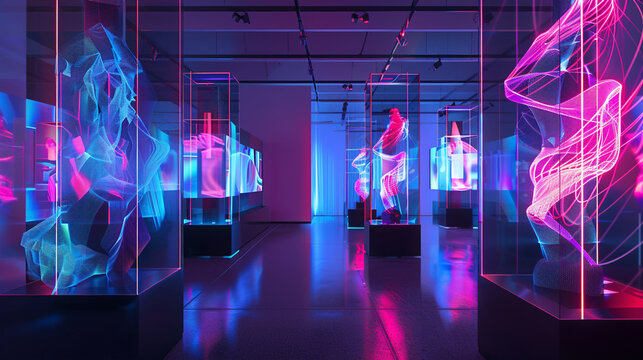 A futuristic art gallery featuring holographic displays and kinetic sculptures that move with the ambient light. - Powered by Adobe