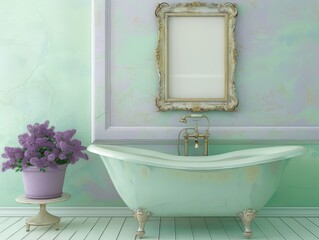 Blank Poster Frame. A bathroom with a white tub and a purple wall