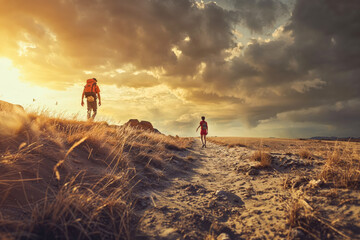 Anonymous duo hiking towards the sunset in nature. Generative AI image