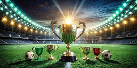 Green soccer field illuminated by spotlights with the background of trophy and medals, soccer, field, green, spotlight, glow, winners, championship, trophy, medals, victory, sports