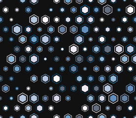 Tileable hexagon pattern with multicolored geometric elements of varied sizes. Seamless vector illustration featuring a hexagon mosaic background with inner solid cells.