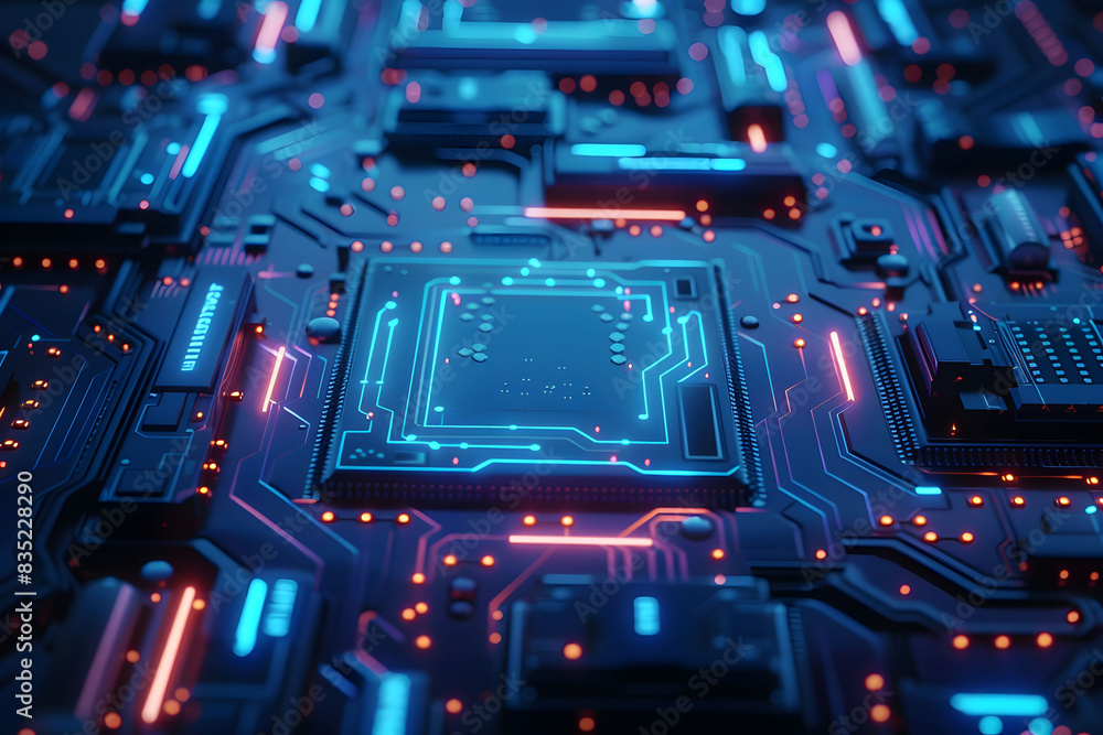 Poster a blue circuit board with glowing data flows, featuring an ai chip at the center. the background sho