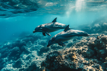 Two dolphins swimming near coral reef under sunlit water. Generative AI image