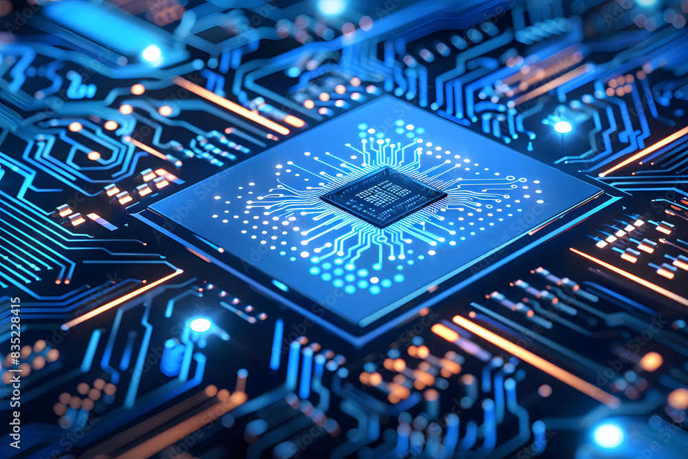 Poster a blue circuit board with glowing data flows, featuring an ai chip at the center. the background sho