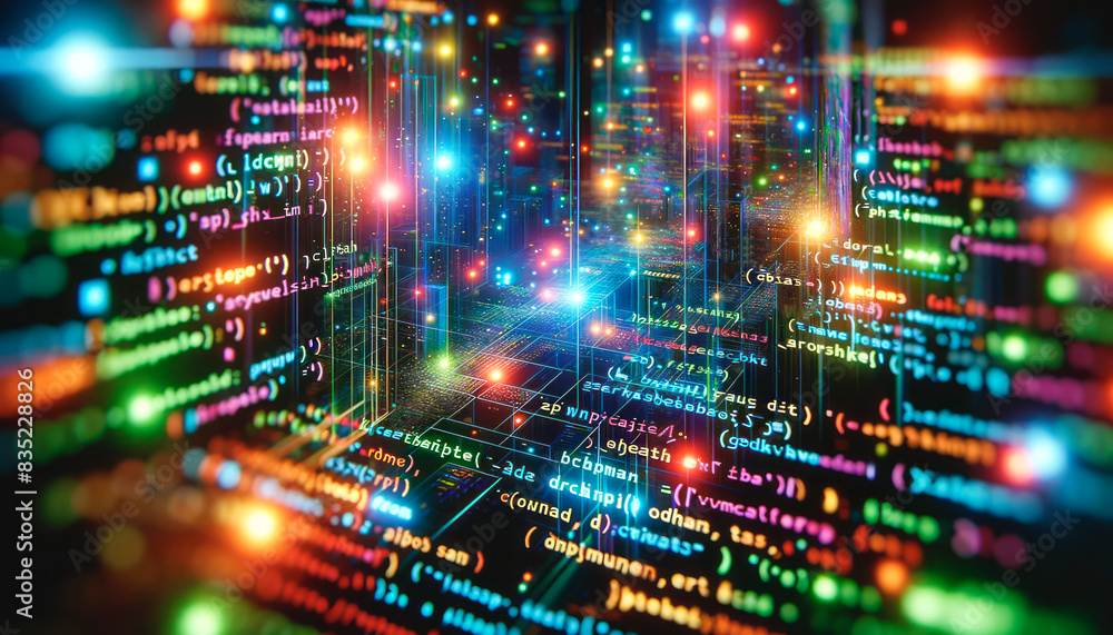 Aufkleber Abstract image of multicolored data streams and code, representing digital information flow on a vibrant background, concept of cyber technology. Generative AI