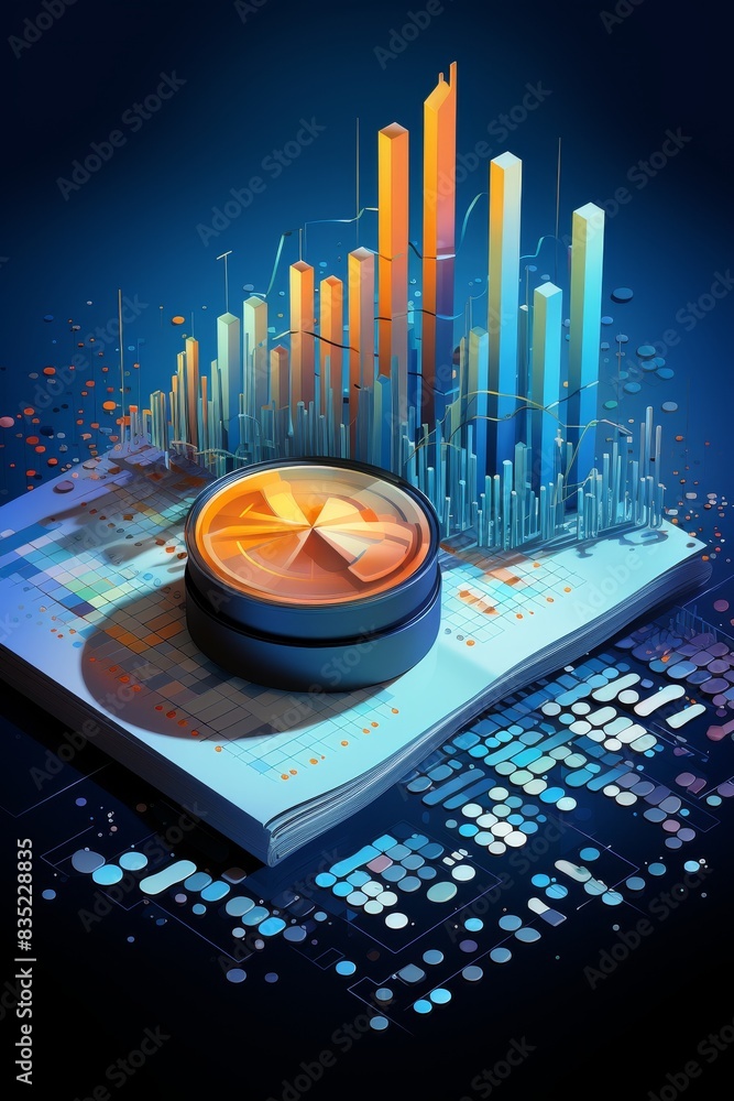 Aufkleber analyzing financial performance: charts, graphs, and data points on blue gradient background