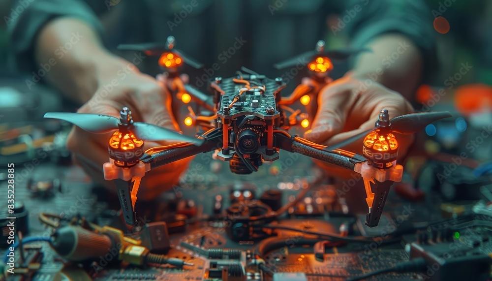 Poster close-up of hands assembling a drone with illuminated parts, showcasing the intricate details of dro