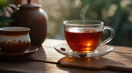 rooibos and a cup of tea, aesthetically pleasing, natural light, cherry and almonds in the background