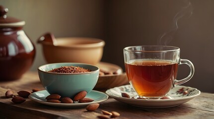 Obraz premium rooibos and a cup of tea, aesthetically pleasing, natural light, cherry and almonds in the background