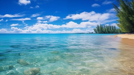 Fototapeta premium A Serene Scenic Beach with Clear Blue Water, Pine Trees, and a Sunny Sky